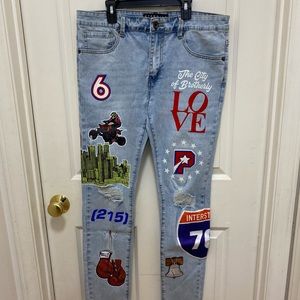 ETERNITY BC/AD MEN"S SLIM FIT PAISLEY PATCH JEANS BLUE SIZE 32